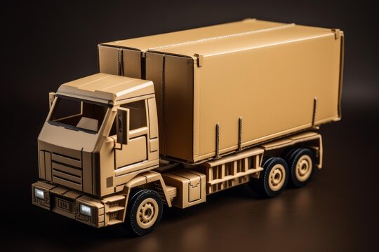 Cardboard model truck transporting goods and services for global supply chain