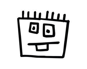 Hand-Drawn Cartoon Face with Square Head, Expressive Eyes, and Simple Mouth in Black Lines on White