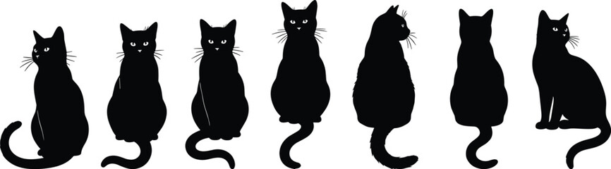 black cat silhouettes collection, sitting feline poses set, Halloween style pet illustration, mysterious kitty vector isolated design artwork bundle © Motiur