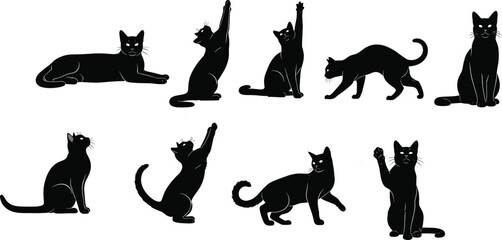black cat silhouettes set, playful kitten poses collection, feline pet illustration, isolated animal shapes, cute cartoon cats vector bundle © Motiur