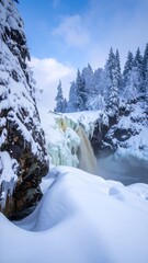 Snowy waterfall scene with icy rock face and snow-covered evergreens under a bright blue sky