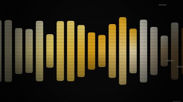 Dynamic gold and yellow retro-futuristic audio frequency equalizer display glowing brightly against a dark horizontal textured background.
