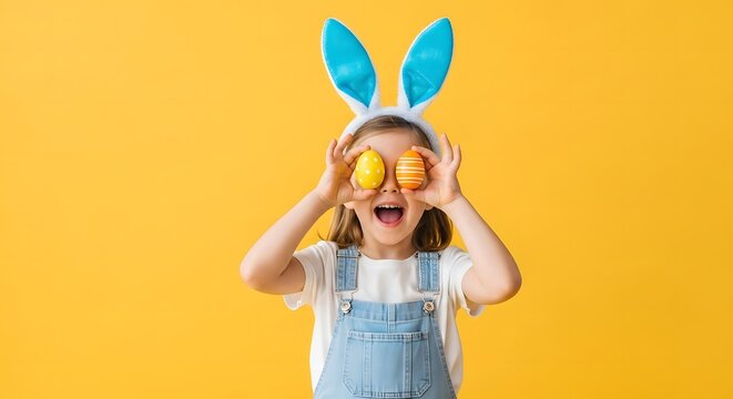 Happy girl wearing bunny ears holding easter eggs over eyes on yellow background cute child celebrating spring holiday