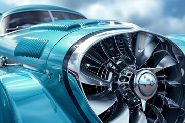 Fototapeta premium Turquoise vintage car showcasing a powerful jet engine instead of traditional grill, hinting at innovative automotive design and power
