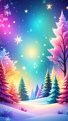 Snowy winter forest with colorful glowing trees under a night sky filled with stars