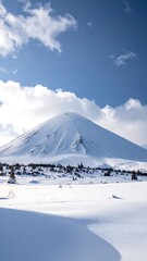 Snow-covered peak under a bright blue sky, surrounded by a snowy landscape