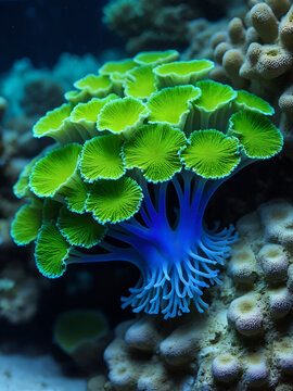 Macro shot of Blastomussa coral under actinic lighting, showing lime green flesh with faded blue outer edges and detailed textured polyps in reef aquarium