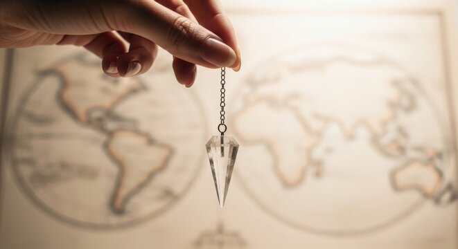 Divination pendulum held by hand, crystal dowsing tool over vintage world map. Mysterious divination pendulum assists spiritual guidance, energy healing, subconscious exploration.