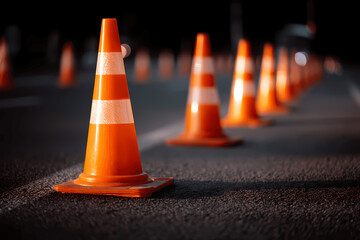 Traffic Cones Lined Up on Asphalt