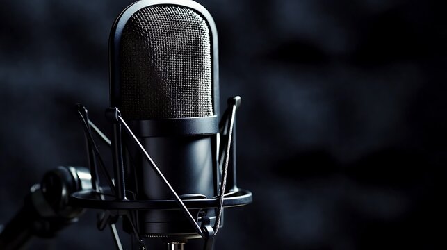 A professional microphone on a stand in a dark studio setting for recording audio