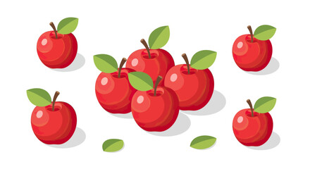 Vibrant red apples with green leaves scattered on a clean white background.