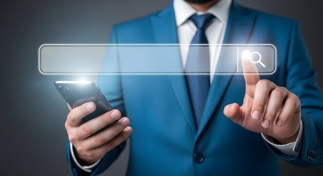 Businessman searching online with magnifying glass icon on mobile phone for seo optimization