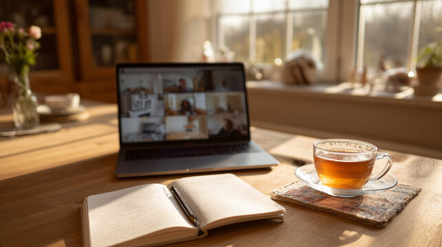 Laptop with online video conference on wooden table next to tea cup and open notebook in warm home interior perfect for remote learning and virtual meeting concepts

