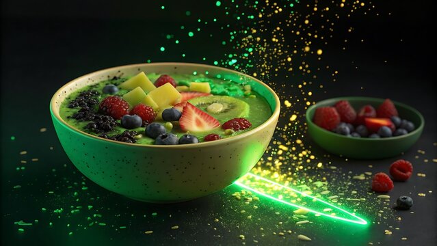 Energy Smoothie Bowl with Neon Glow and Digital Glitch Effect