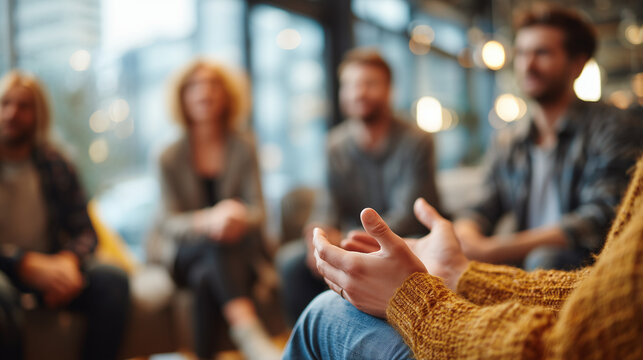 Support group therapy session with people sitting in circle sharing emotions and experiences representing mental health counseling and community support concept
