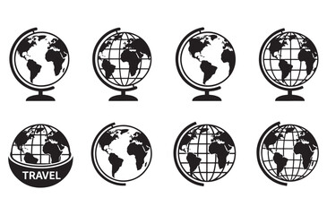Obraz premium Collection of eight black globe icons, showcasing earth models with various grid lines and base styles, isolated on a transparent background, representing travel and world themes