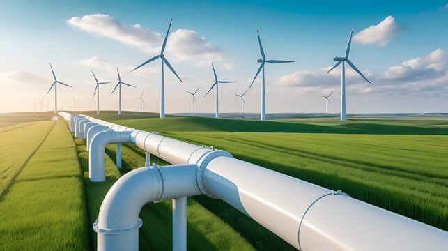 A hydrogen pipeline with wind turbines and in the background. Green hydrogen production concept