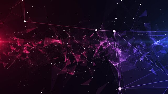 Abstract digital network background connected nodes, polygon mesh and glowing lines in red and blue gradient, ideal for AI, big data, blockchain and cyber technology concepts. seamless loop 4k