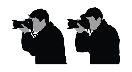 Two shadowed figures of men using cameras depicted in a striking black silhouette on transparent background high quality professional detailed modern © rabbivay