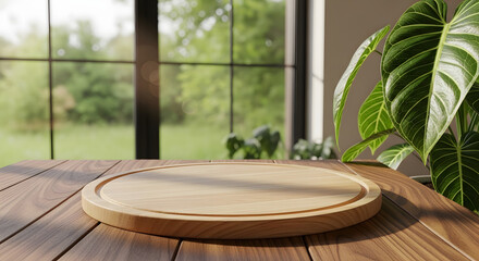 Fototapeta premium A round wooden serving tray on a wooden table near a window with a green plant beside it indoors during the daytime from a frontal viewpoint