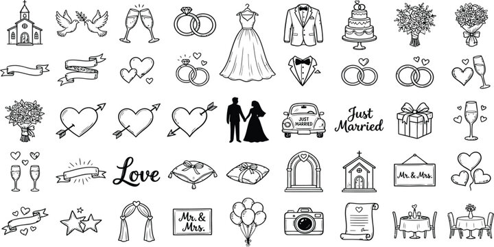 Wedding invitation symbols drawn in outline style for celebrating love and romance