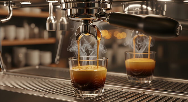 Espresso being poured into glasses on a coffee machine counter in a cafe from a close-up viewpoint
