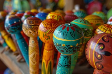 Fototapeta premium Artisans showcasing hand painted wooden toys with intricate details and vibrant colors, celebrating traditional craftsmanship