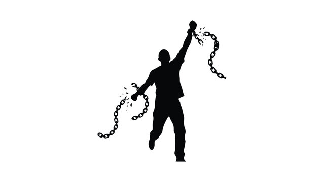 Freedom man silhouette breaking free from chains on white background