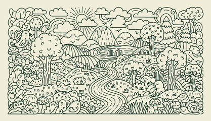 Hand drawn doodle nature landscape with winding river mountains trees and cute animals  © Arshad