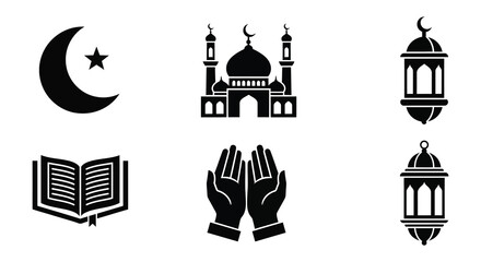 Obraz premium A collection of islamic symbols including a crescent moon mosque and hands in prayer silhouette on transparent background high quality professional