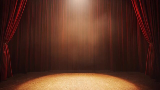 Empty theater stage with red curtains and spotlight shining on wooden floor for performance