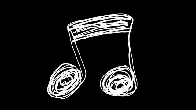 八分音符の落書き線画イラスト。線が動く手描きのアイコン動画。ループする4Kアニメーション。黒背景に白いペンでフリーハンドで描いた絵のデコレーションスタンプ