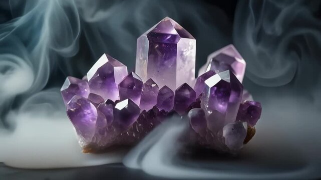 Close up of sparkling purple amethyst crystal cluster with mystical smoke on dark background