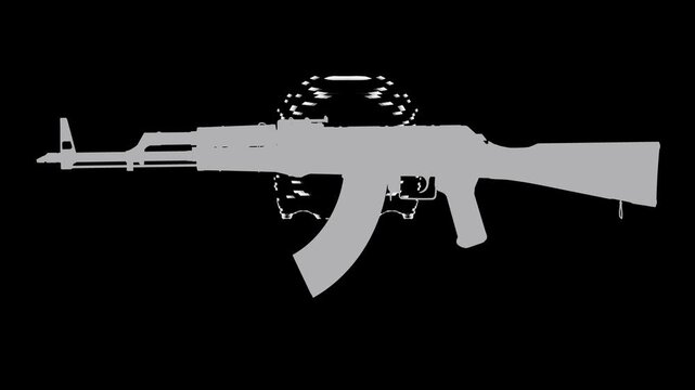 Symbolic interaction of a skull and a rifle &mdash; glitch art animation on a black background. Fusion of weapons and skulls in neon glitch style.