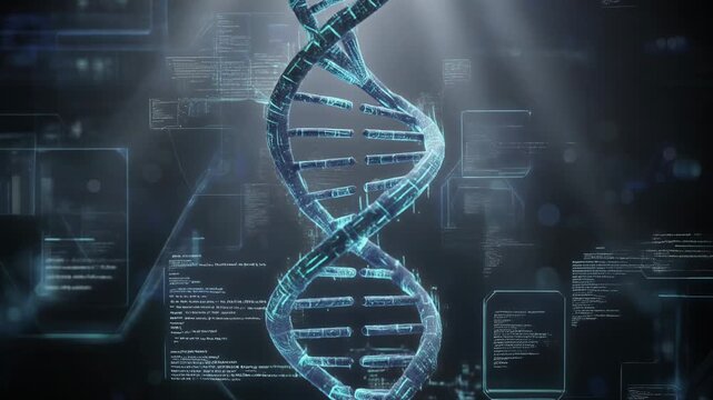 Futuristic digital DNA helix with data and genetic code in science and technology concept