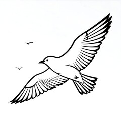 Obraz premium Black and white illustration of a bird soaring in flight with two smaller birds in the distance, set against a plain background