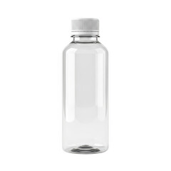 A clear plastic bottle with a white cap standing upright against a white background isolated on transparent background