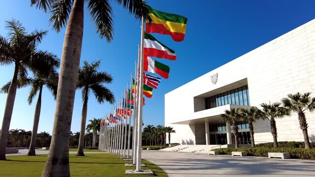 International flags and palm trees outside modern white building
