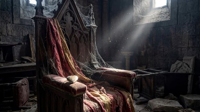 Ornate wooden throne in medieval stone chamber with sunlight beams. Red draped chair in ancient room illuminated through arched window. Fantasy royalty setting and mystical interior concept.