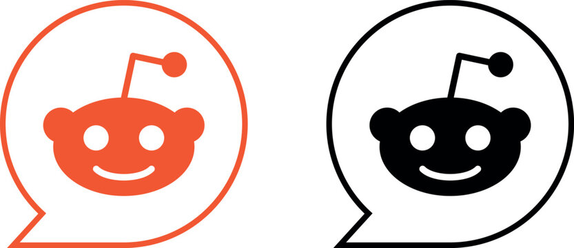 Collection of reddit alien logo variations in orange and black color schemes on a white background