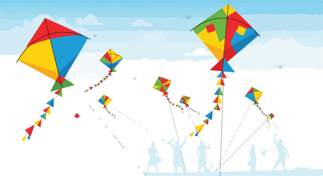 Colorful kites flying in the sky with silhouettes of people in the background on a sunny day with a few clouds.