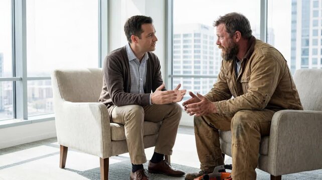 Two men conversing in modern office with large windows. Business discussion between professional and casual colleague. Orange bucket appears during animated talk in urban workspace.