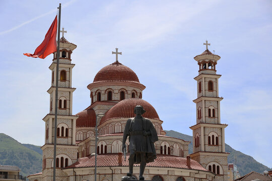 View of the Resurrection Cathedral in the Albanian city of Korca  