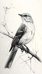 Bird on branch, detailed sketch. Textured plumage, beak slightly open, subtle twig outlines background