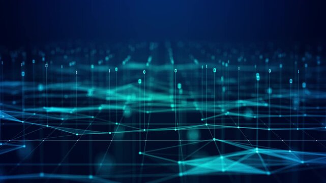 Digital data network flow with glowing nodes and connected grid lines, futuristic technology background ideal for AI, big data, cloud computing and cybersecurity concepts.