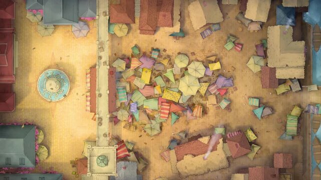 Top-Down Aerial View of a Fantasy Medieval Marketplace Battle Map with Animated Market Stalls and Ambient Smoke.