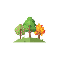 Fototapeta premium Three diverse trees on a green hill: spring blossoms, lush green, and autumn colors
