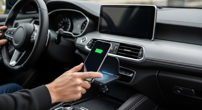 Wireless charging of a mobile phone while inside a modern car interior demonstrating technology
