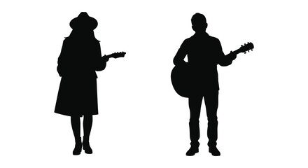 Two musicians a woman with a violin and a man with a guitar depicted in a striking black silhouette on transparent background © rabbivay