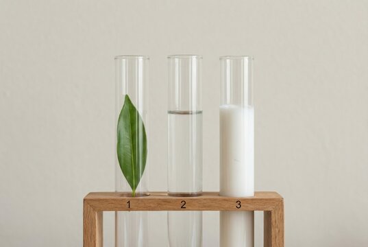 Laboratory test tubes with leaf and liquids in wooden rack